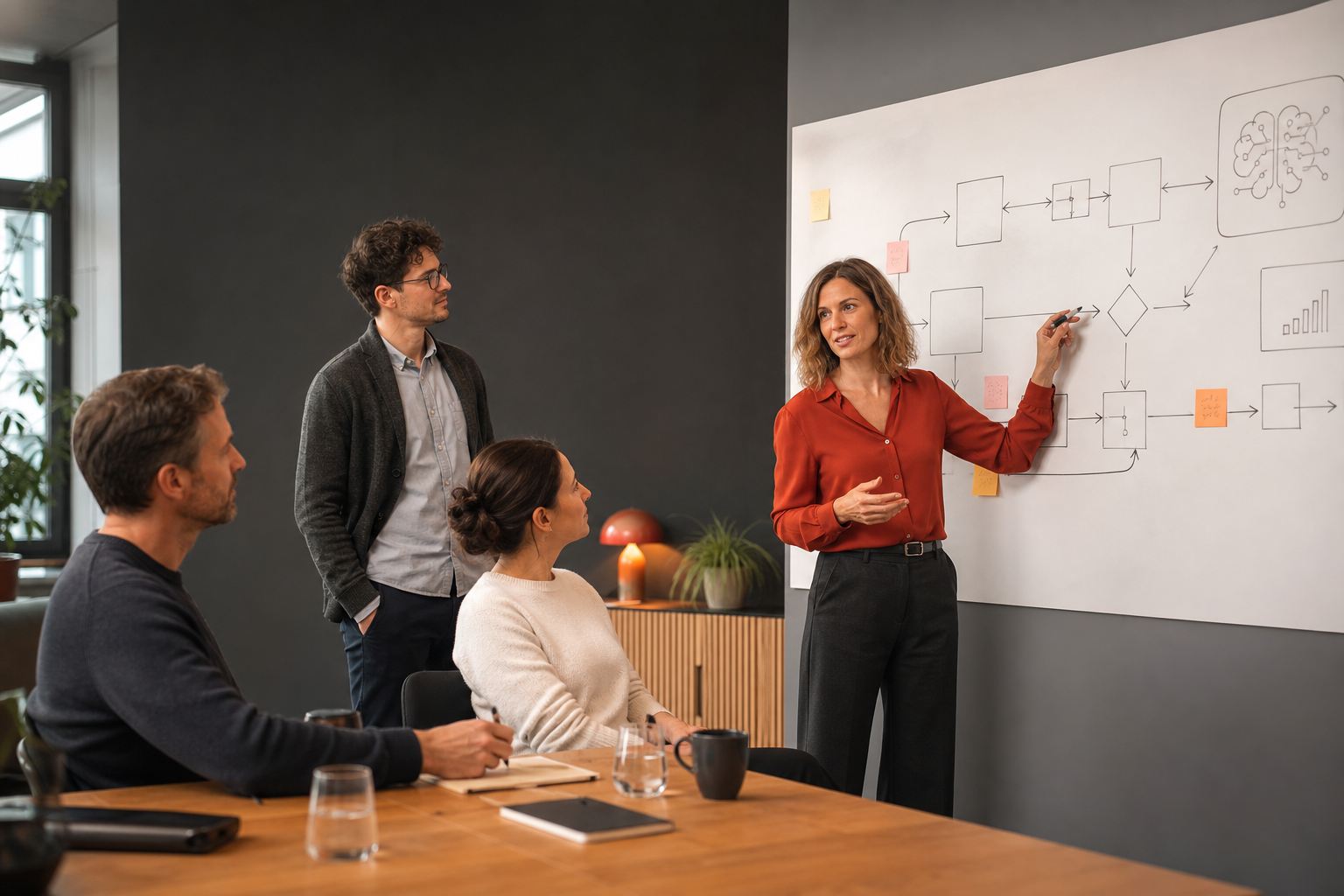 Beraterin erklärt einem Team einen KI-gestützten Prozess am Whiteboard