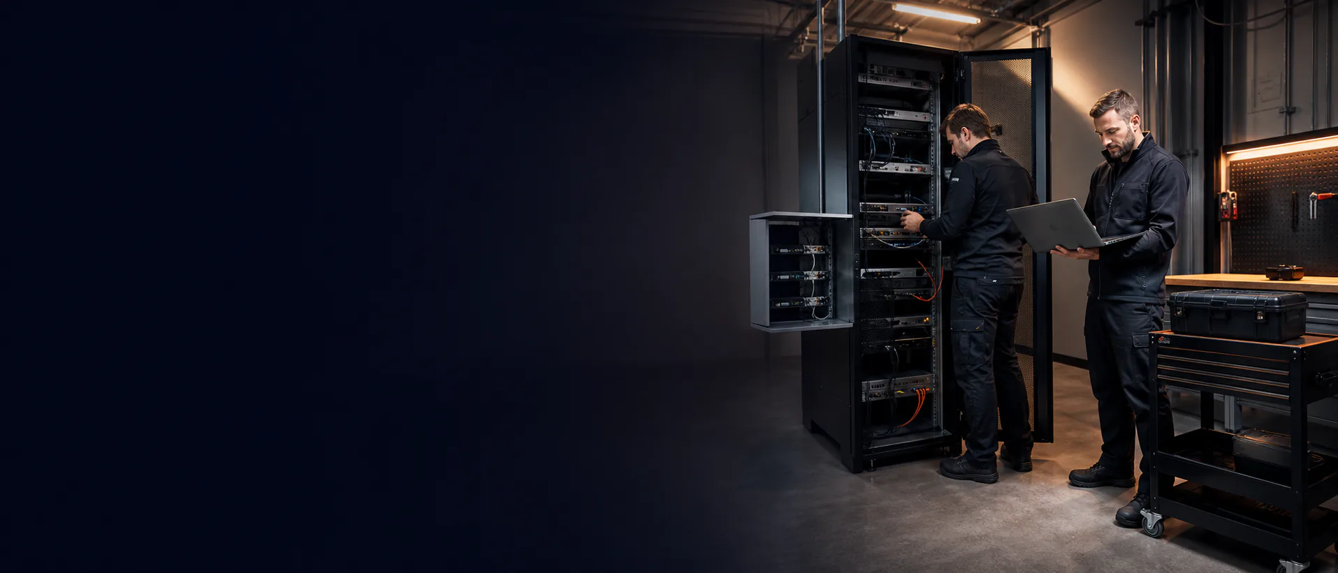 IT-Techniker prüfen eine Kundeninfrastruktur und besprechen den Serviceablauf